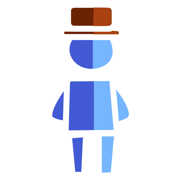 a simplified figure of a short cyan person with a square body where the right half is a lighter cyan, is wearing a brown hat. The image has white line art